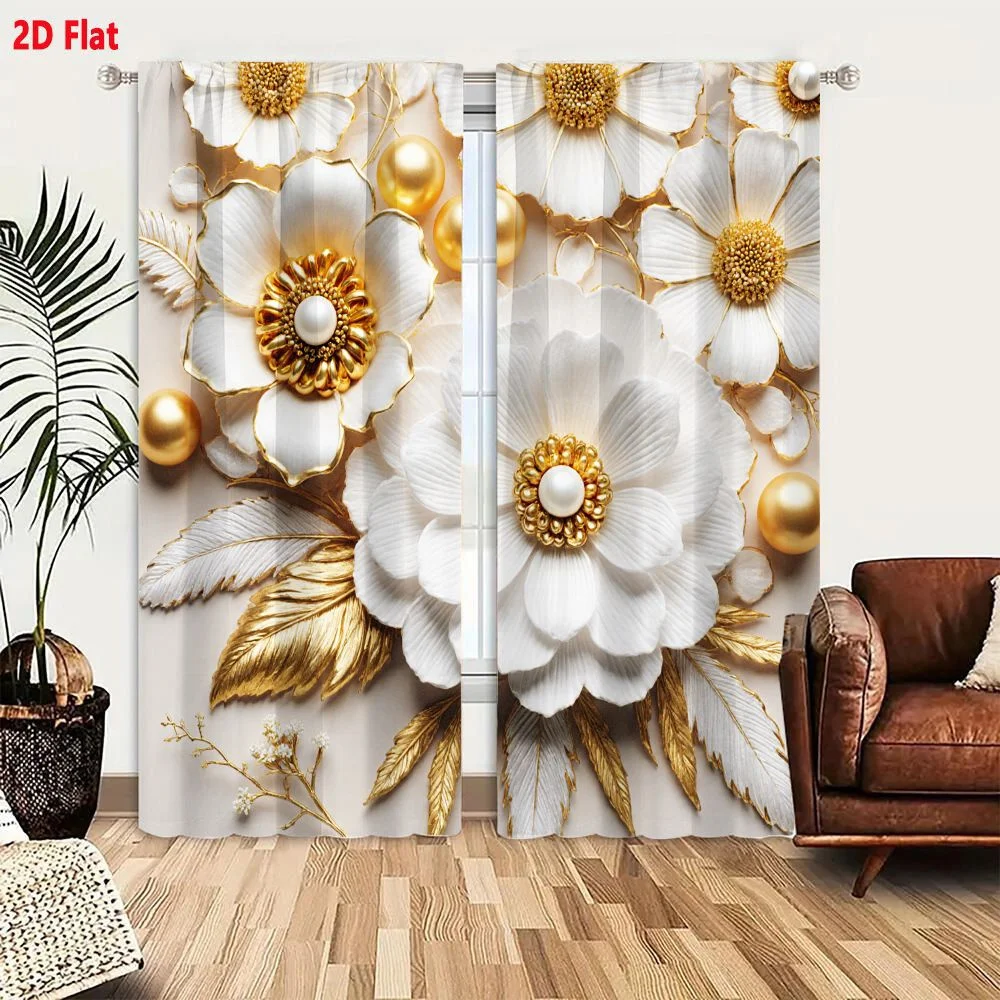 2Pcs Curtains 2D Flat Elegant White Flowers with Golden Centers Pearl Beads & Golden Leaves Branches Baby's Breath Orbs on Light