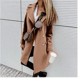 Woolen Women Jackets Elegant Solid Trench Lapel Turndown Collar Women's Jacket Double-Breasted Overcoat For Autumn Winter