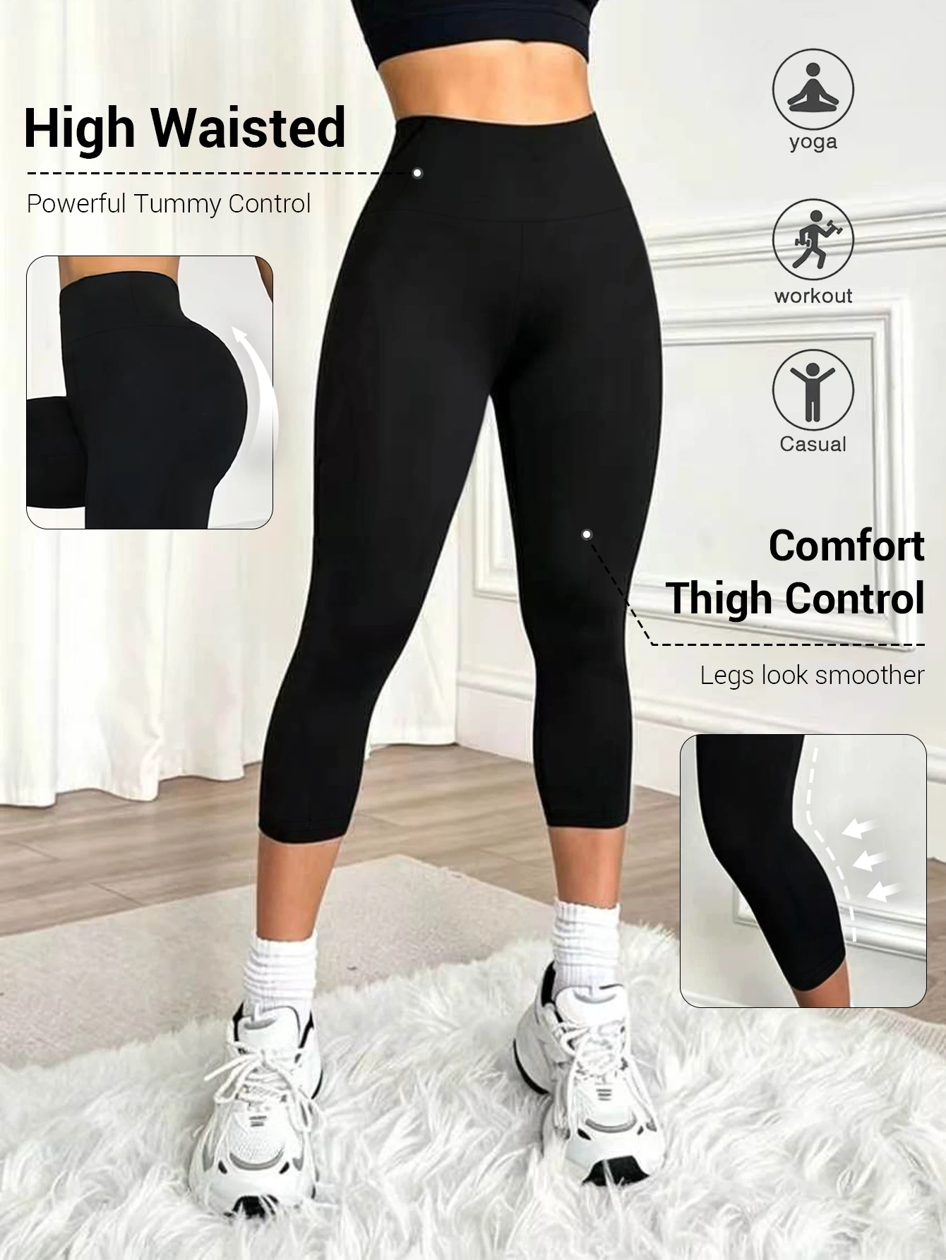 Damen Einfarbige Dreiviertel-Sporthose Dehnbare Hüftformende Schlanke Yoga-Leggings Lässige Outdoor-Radhose