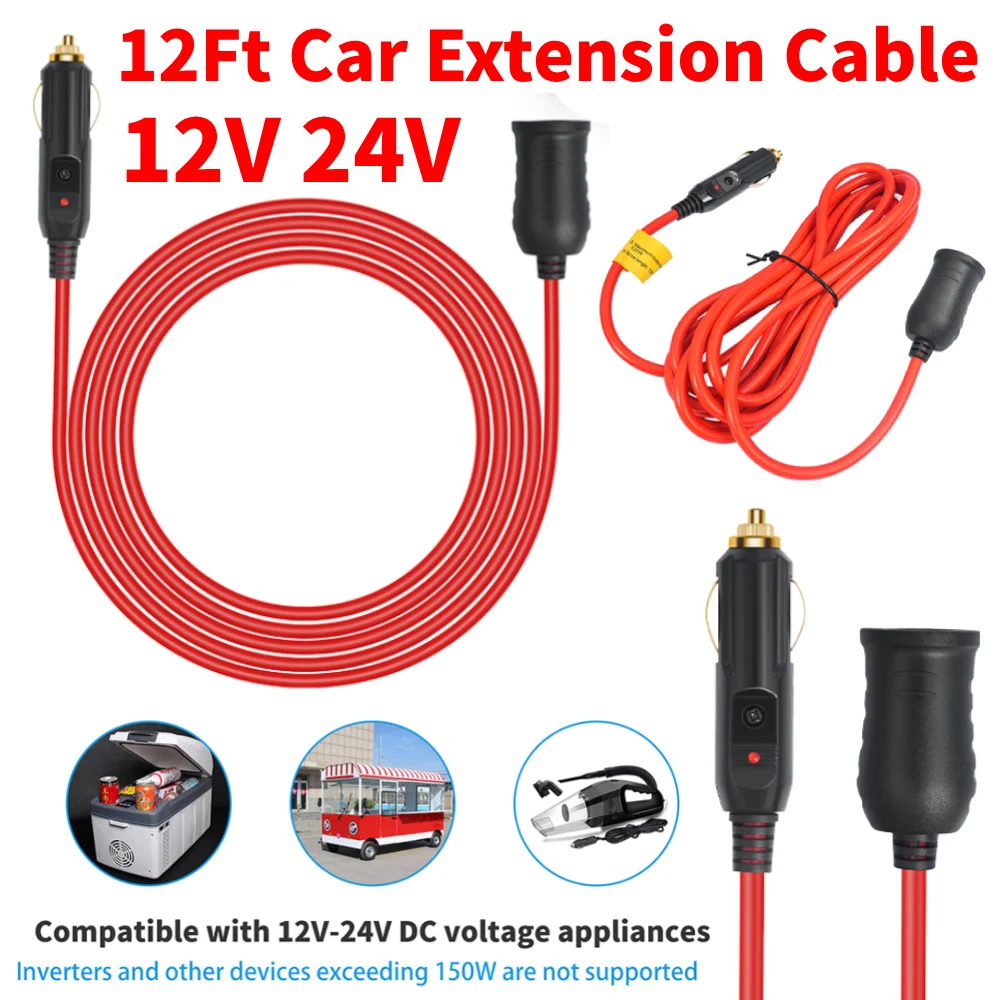 

12V 24V Car Cigarette Lighter Socket Extension Cable Male Plug To Female Socket 12Ft Car Extension Cable for Tire Inflators