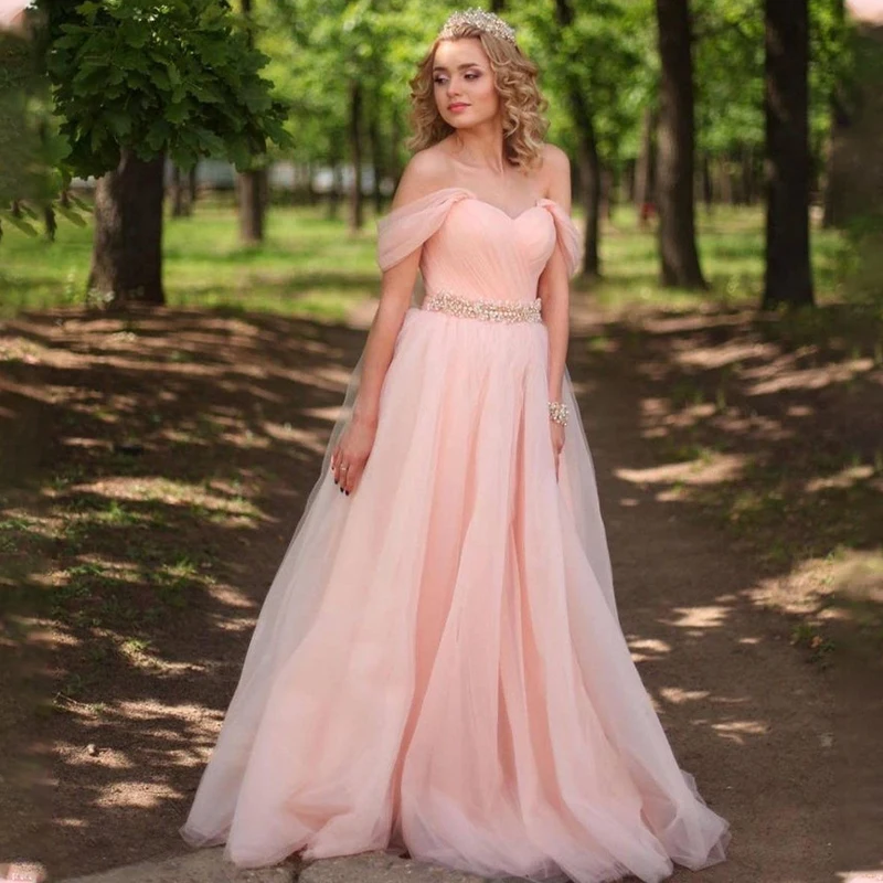 

Pink Off Shouler Oranganza Wedding Dresses Sweetheart Beaded Belt A Line Vestidos De Novia Formal Party Grown