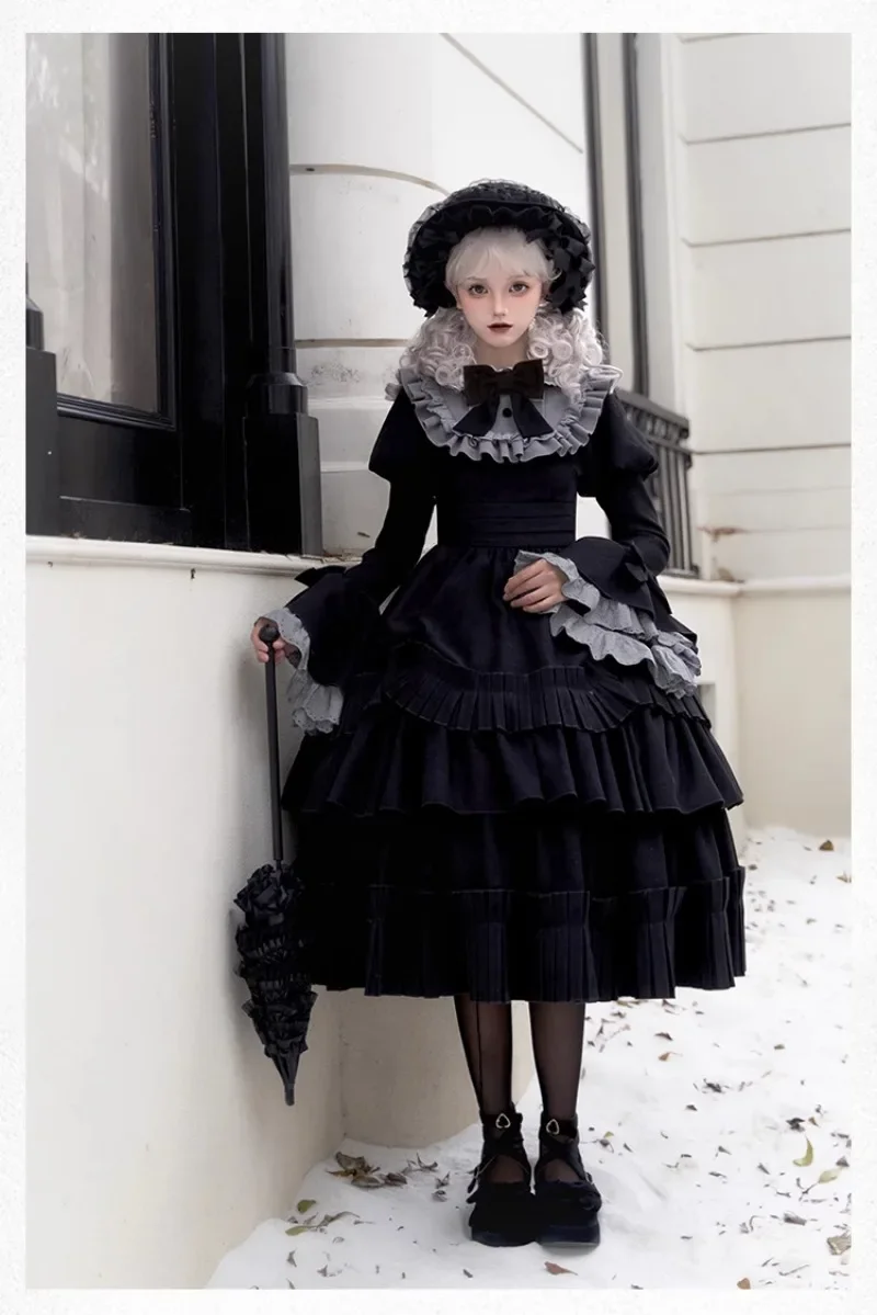 Vestido de manga larga de muñeca antigua de diseño Original estilo japonés Rojita, enagua Op de gran oscilación, Vestidos negros con cremallera Lolita para Mujer