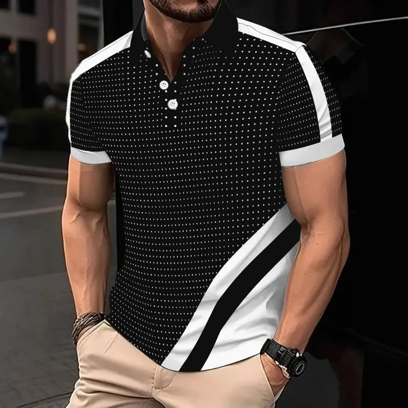

Summer POLO Shirt Button Dot Print Short-sleeved Contrasting Color Men's Fashion Sports Polo Shirt