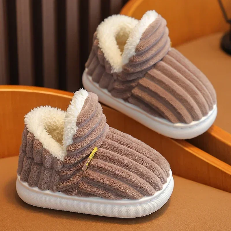 Neue Winter-Streifen-Plüsch-Hausschuhe für Kinder, rutschfeste, weiche Sohle, für Jungen und Mädchen, mit Absatzumwicklung, warme Baumwoll-Hausschuhe für zu Hause – Detail 12