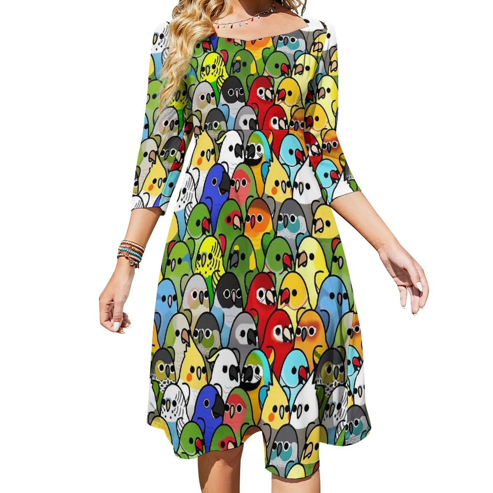 

Classic Bird Squad Casual Dress Too Many Birds Modern Dresses Summer Sexy Square Collar Stylish Printed Dress Large Size