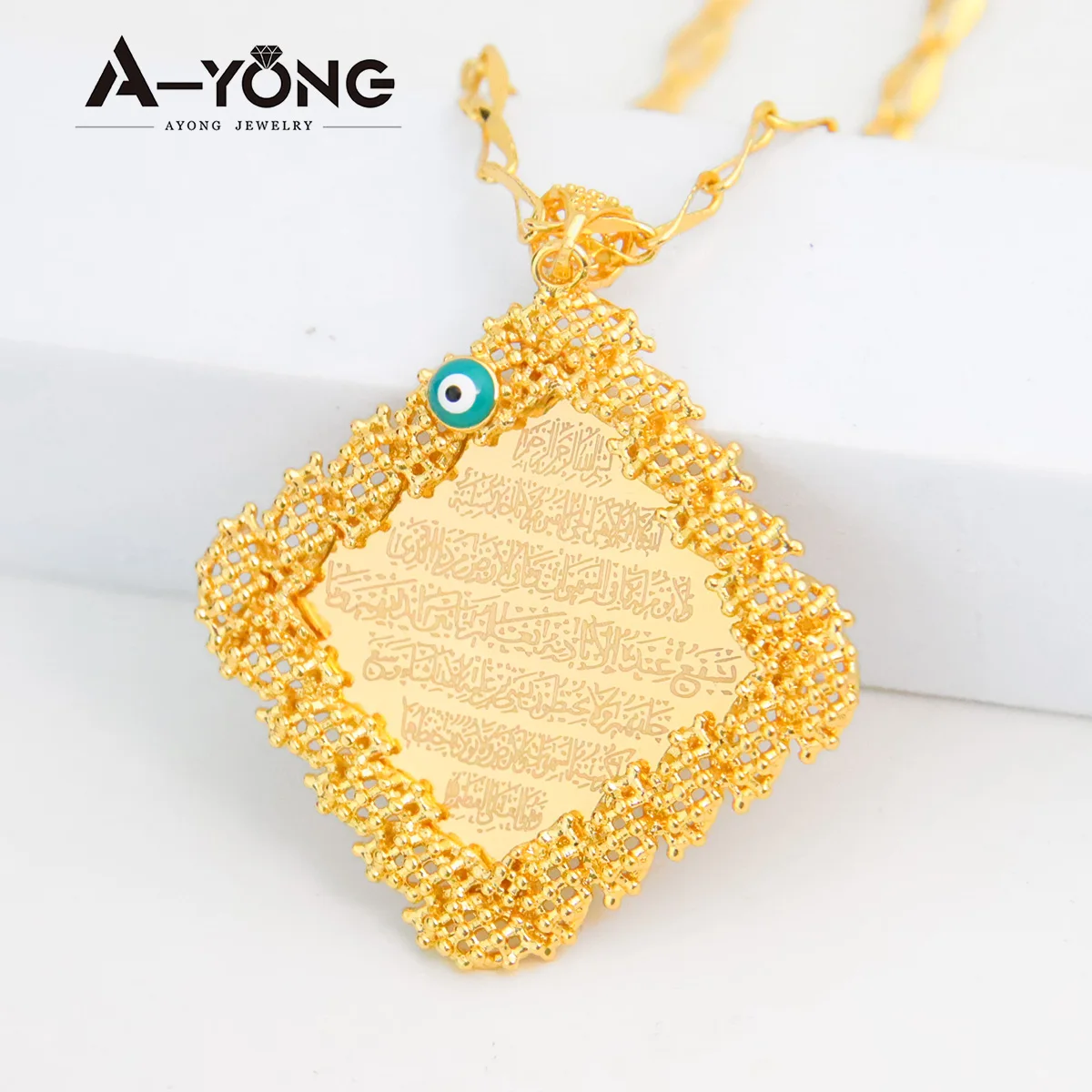 Luxury Gold Color Arab Words Pendants 18k Copper Gold Plated Dubai Necklace Pendant Womens Mens Vintage Jewelry Gifts