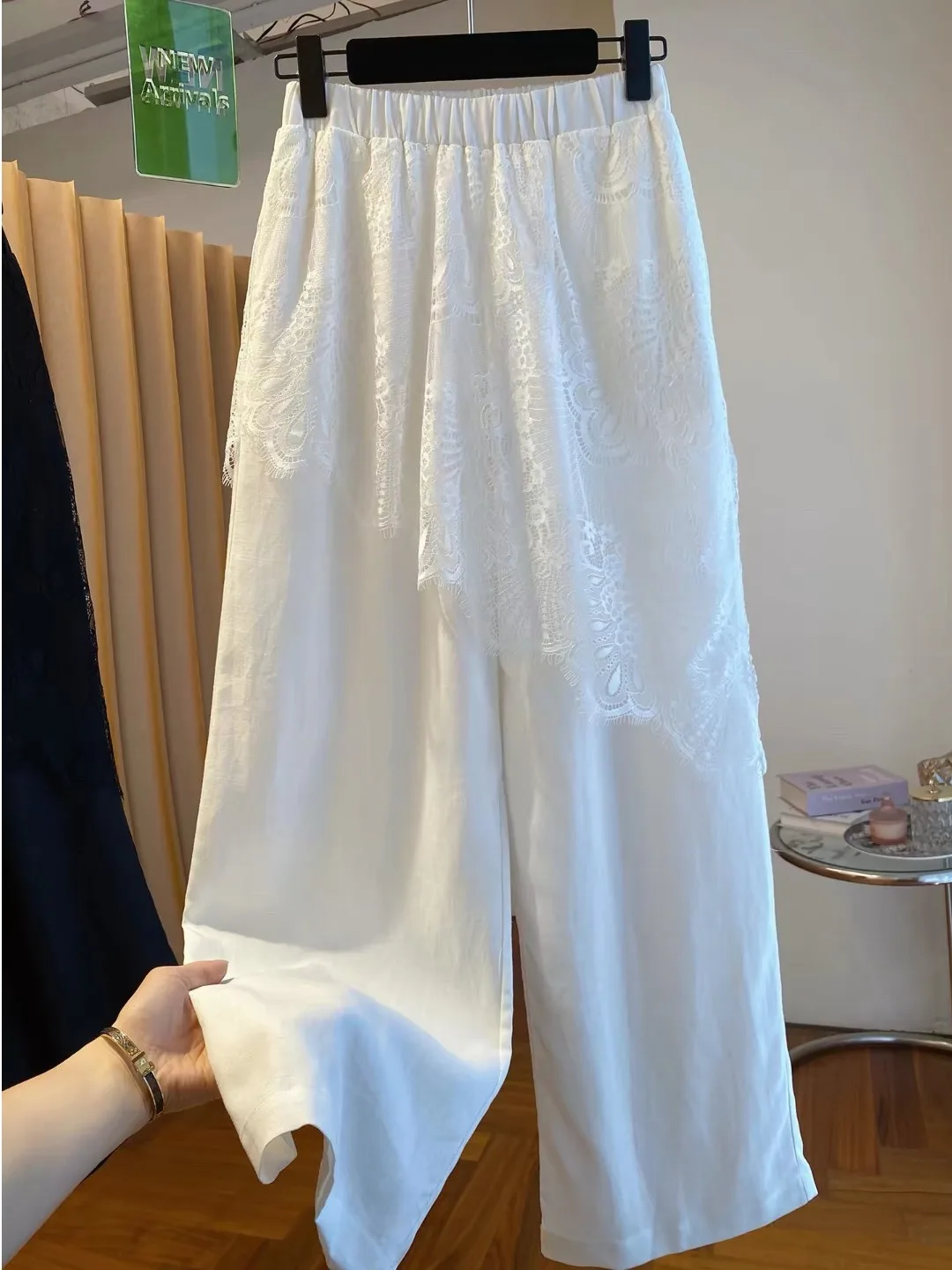 

Elegant White Lace Wide Leg Pants Women's Summer 2026 Loose Casual Thin Straight Casual Pants High Waist Elastic Waistband