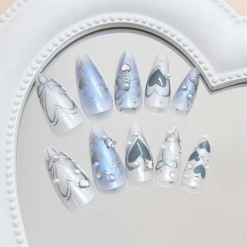 24 peças de unhas prensadas azul sonhador gelado com glitter de pérola 3D diamantes brilhantes e pérolas estreladas presente perfeito para meninas