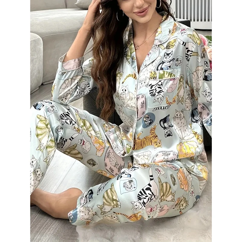 Autumn Winter Pajamas for Women Satin Pijamas Long Sleeve Long Pants Nightwear Kawaii Cat Print Thin Pajamas Silk Sleepwear