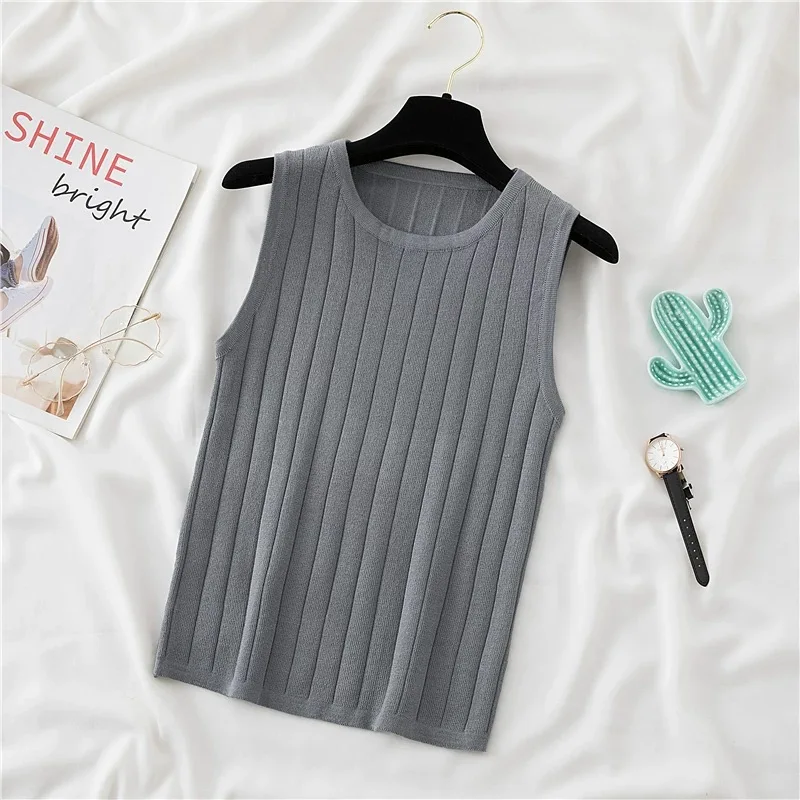 Women's Ribbed Sleeveless Knitted Tops Spring Summer Black White Beige Coffee Gray Blue Yellow Tank Top Soft Thin Slim Fit Top