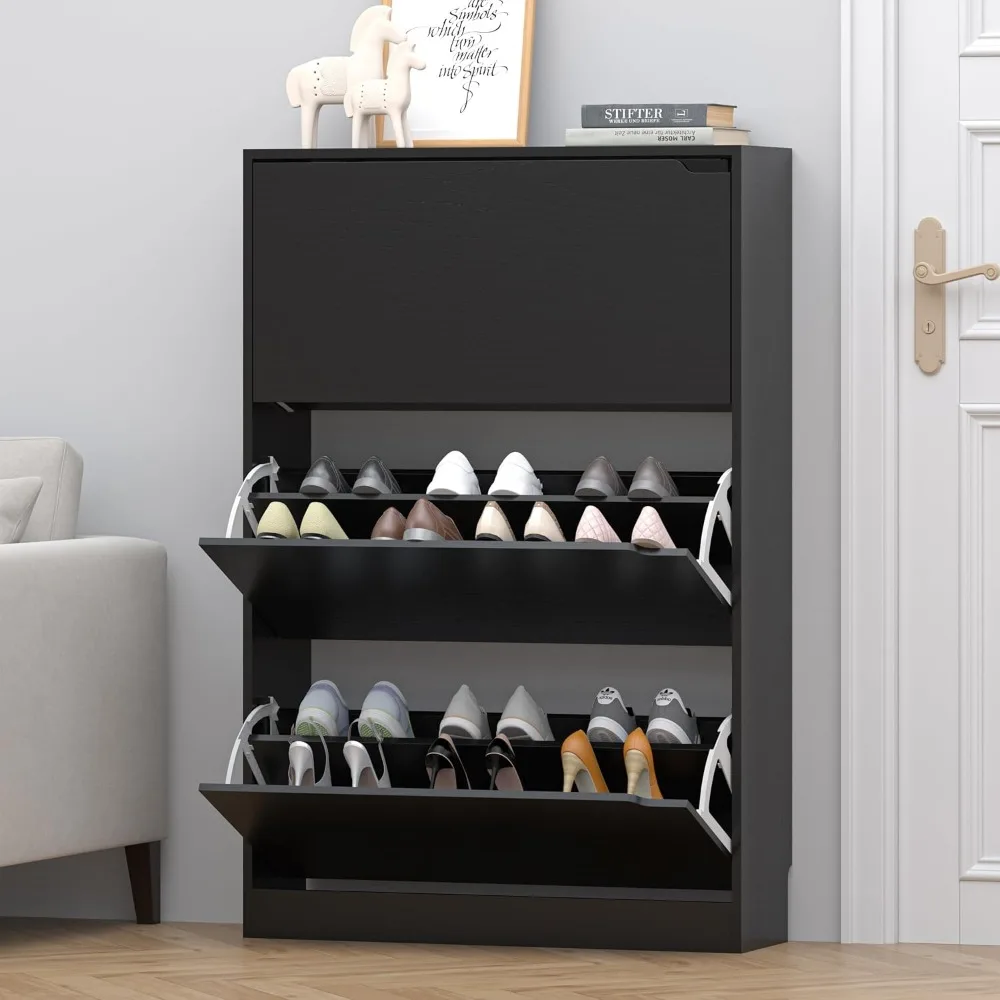 Storage Cabinet for Entryway, Black Shoe Cabinet with 3 Flip Drawers Hidden Shoe Storage Modern Shoe Rack Storage Organizer