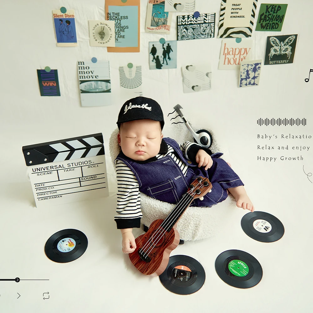 

Music Theme Newborn Photography Props Kit Baby Clothing Vintage Guitar&Vinyl Record Decor Props Studio Baby Photoshoot Accessory