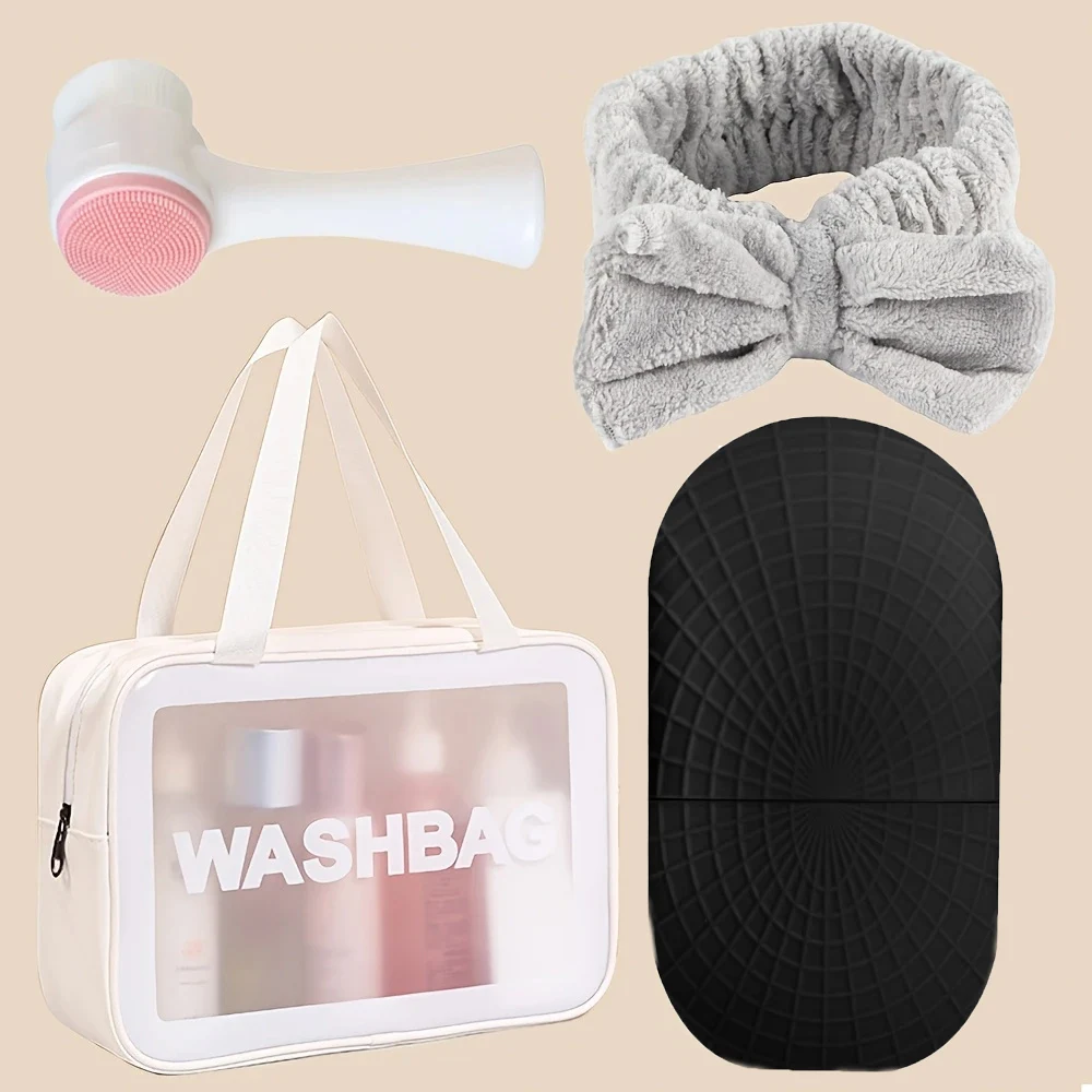 4-Piece Skin Care Gift Set: Ice Roller, Coral Fleece Headband, Makeup Bag and Cleansing Brush - Beauty Tools, Headband