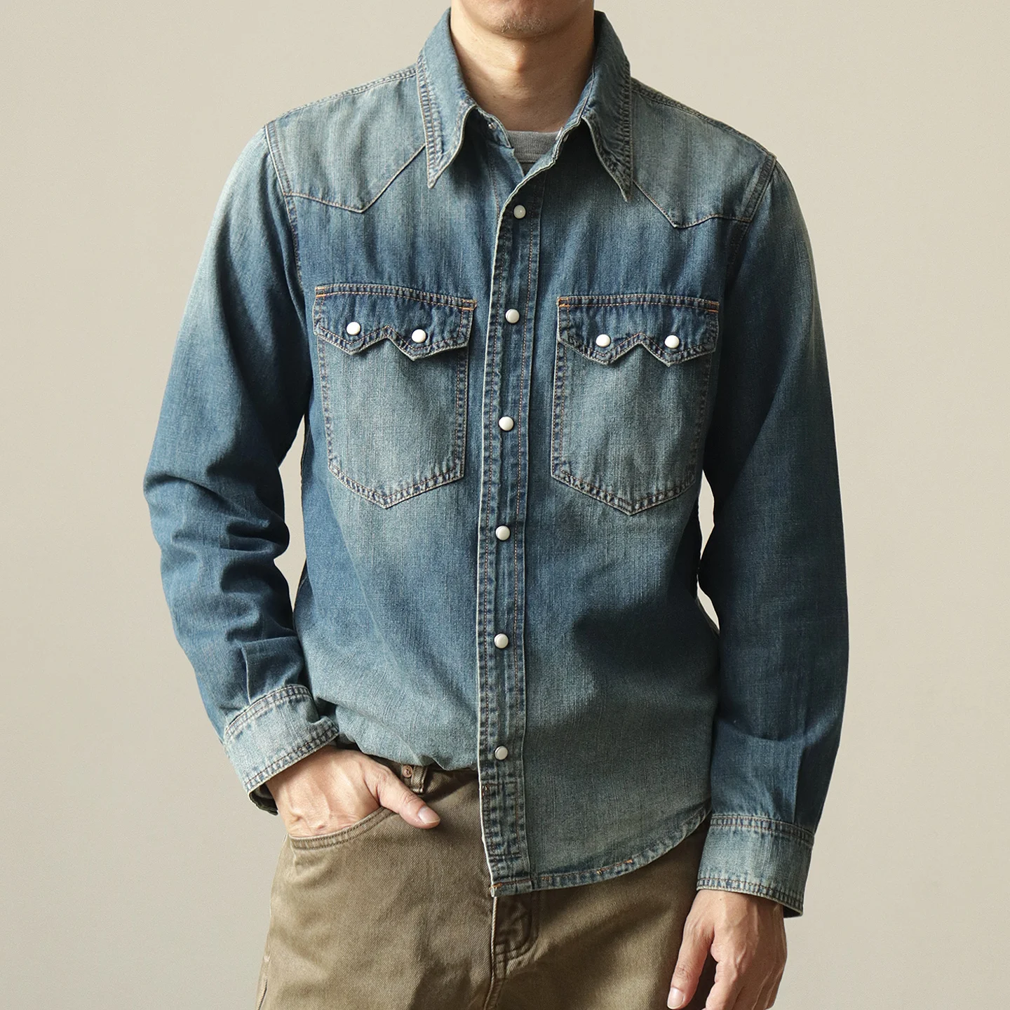 

Autumn New American Retro Long Sleeve Lapel Denim Cargo Shirt Men's Fashion Pure Cotton Washed Old Multi-pocket Casual Blouses