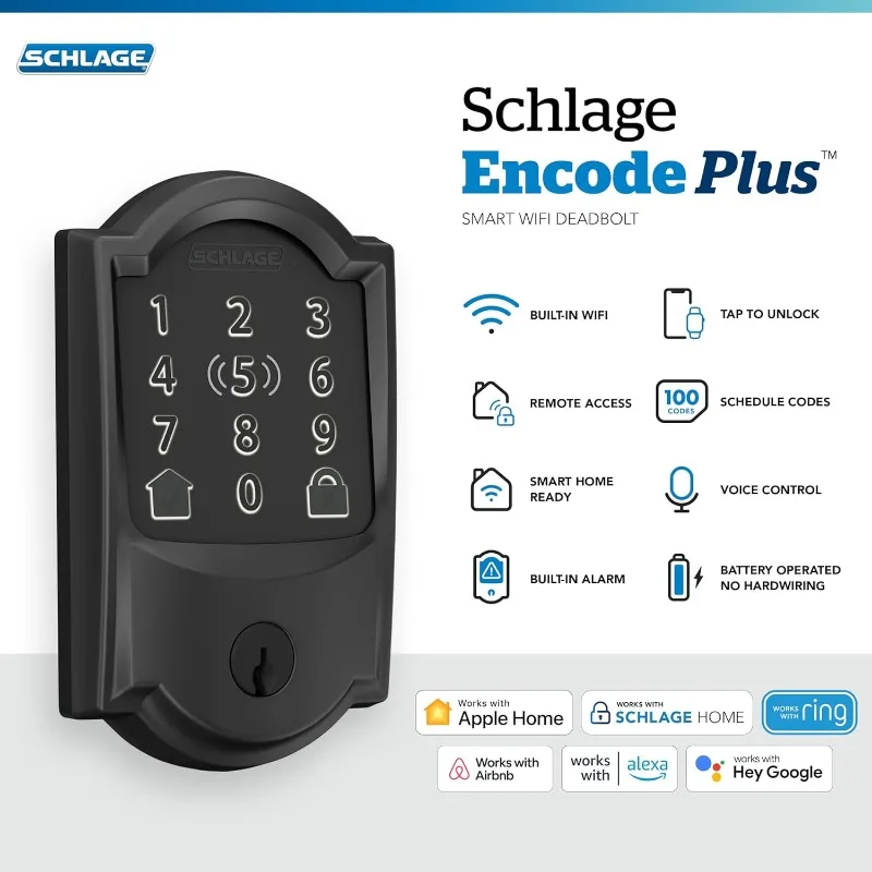 Schlage BE499WB CAM 622 Encode Plus WiFi Deadbolt Smart Lock, Keyless Entry Touchscreen Door Lock with Camelot Trim, Matte Black