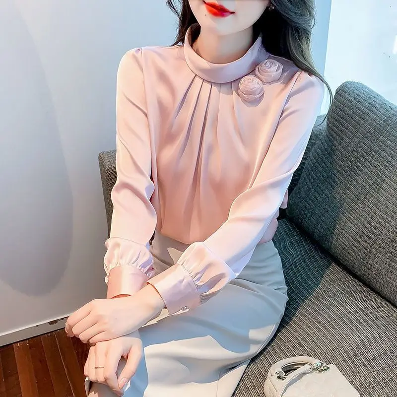 Elegant Chic Sweet Solid Ruffle 3D Rose Floral Top Blouse Women 2023 Spring Autumn Korean Fashion Long Sleeve Slim Shirts Blusas