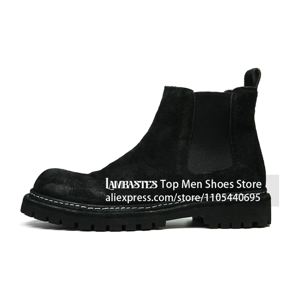 Genuine Horsehide Chelsea Boots Vintage Distressed Style Elastic Side Ankle Boots Thick Platform Lug Sole Dress Shoes for Men