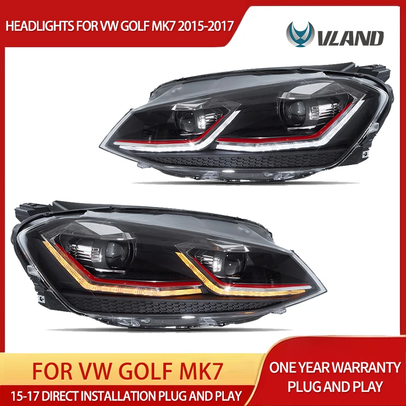 Phares avant Vland 15-17 Golf Mk7 Full LED avec feux de jour DRL, faisceau haut et bas, ensemble de phares avant amélioré