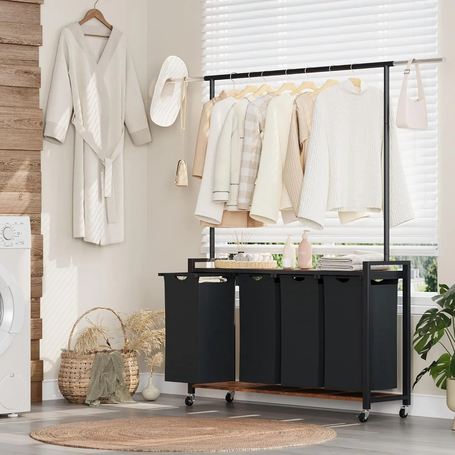 

Laundry Sorter 2/3/4 Section,Rolling Laundry Sorter Hamper with Hanging Rack & Shelf, Laundry Basket Organizer with Lo