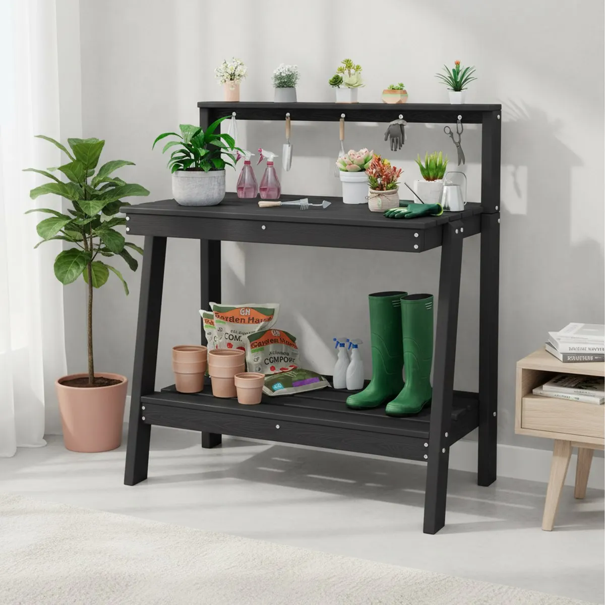 Potting Bench Outdoor Storage Table Black Waterproof HDPE 3-Tier Garden Yard Furniture Angled Legs Tool Hooks