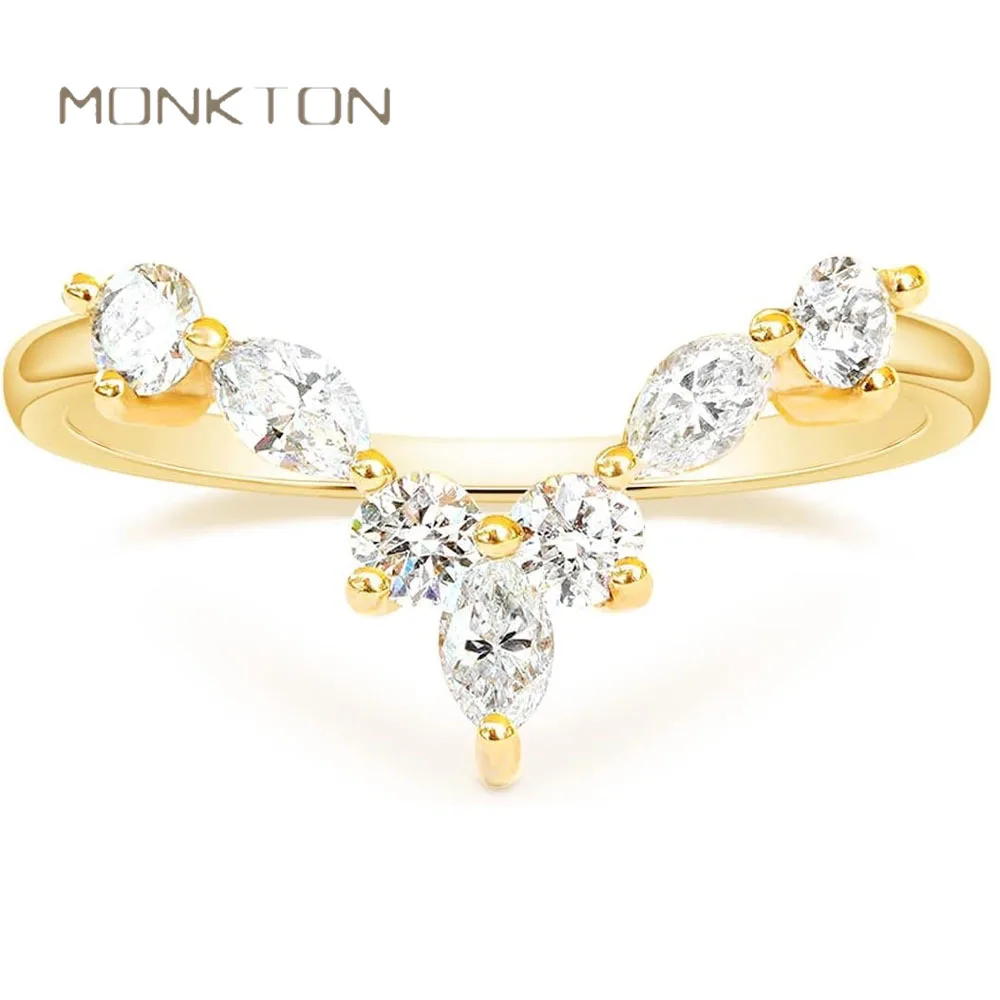 Monkton Minimal Dainty V Curved Stackable Rings for Women Marquise & Round CZ Engagement Wedding Band Anniversary Gift