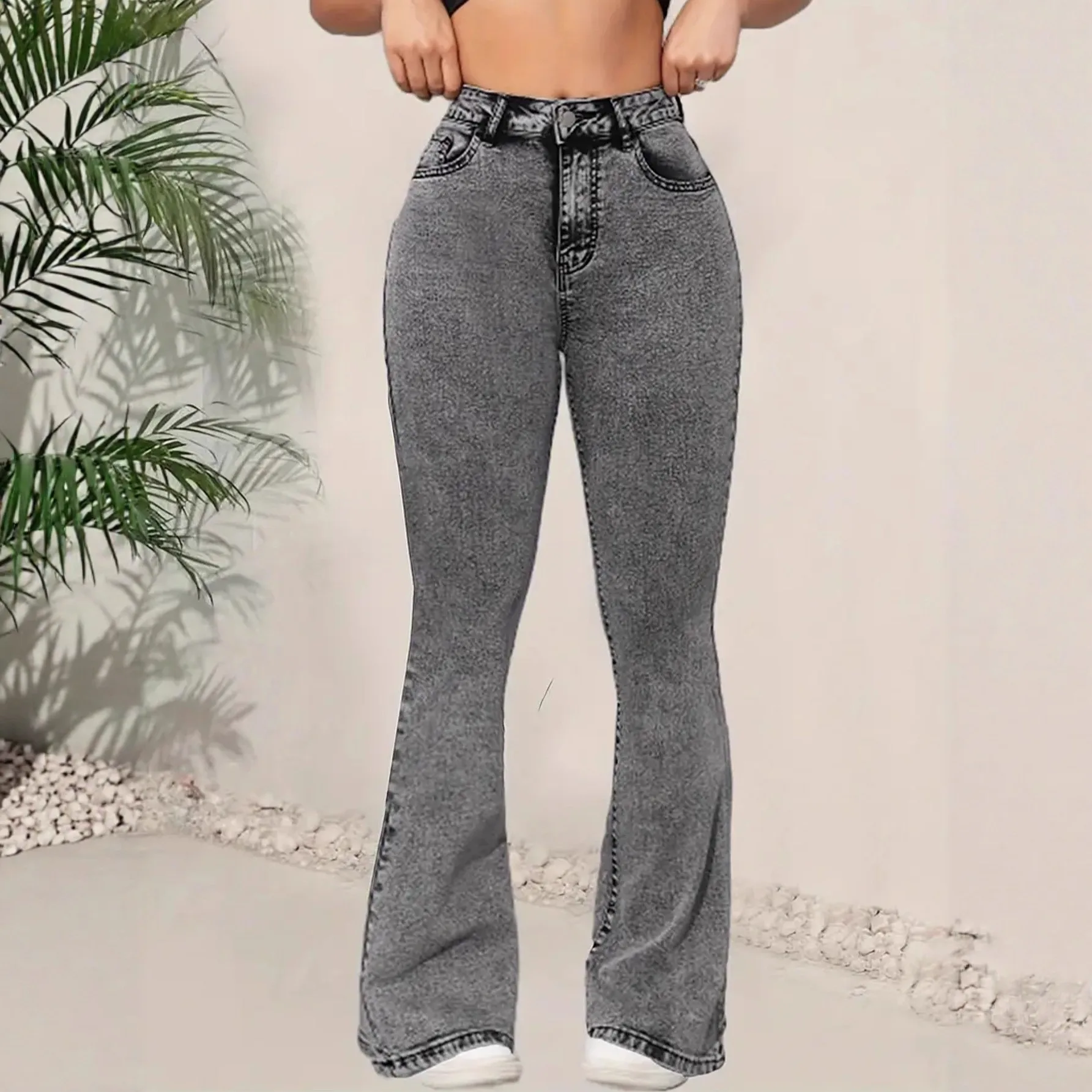 

Low Waist Washed Jeans Acid Wash Grey Denim Pants Skinny To Flare Bell Bottom with Contrast Stitching Five Pocket Button Fly