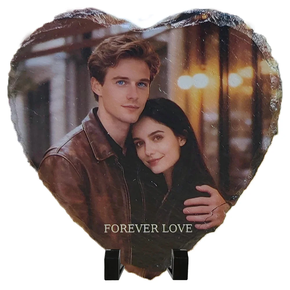 Custom Heart Photo Slate, Personalized Engraved Stone W/ Photo& Text, Unique Rock Picture Frame for Anniversary Gift Home Decor