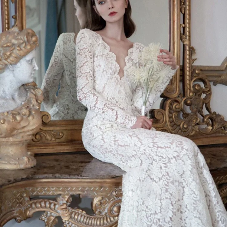 Korea Lace Appliques Mermaid Court Wedding Gowns Vintage Long-sleeve Formal Dresses Evening Party Dress