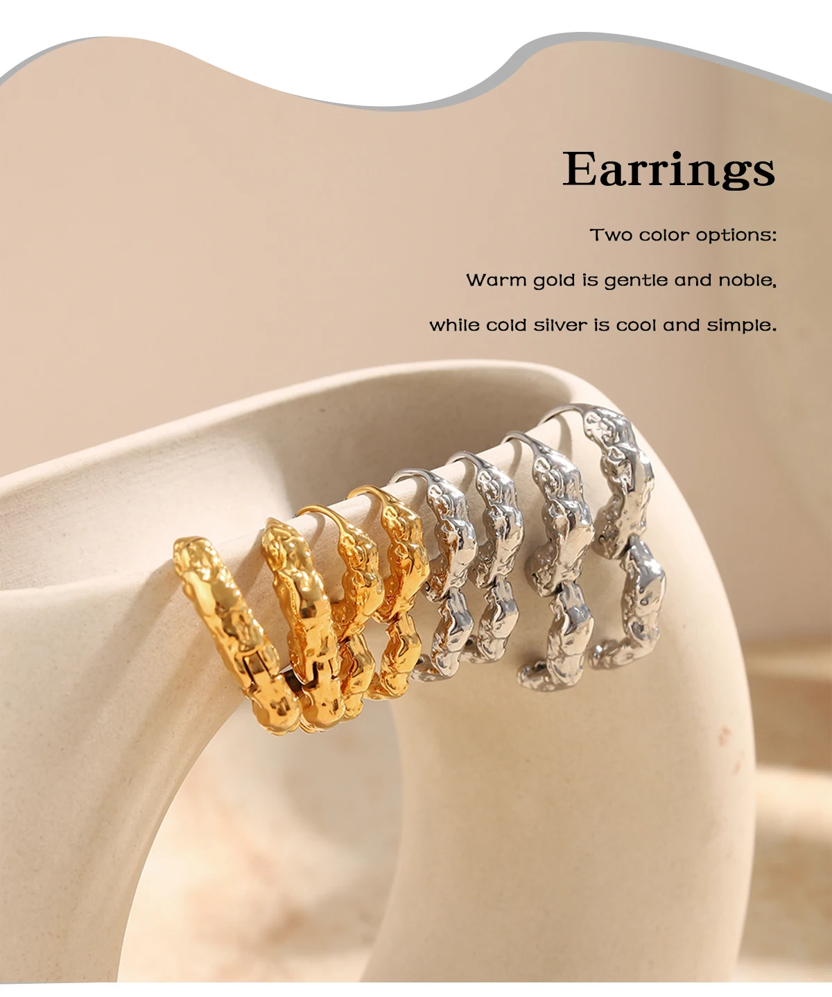 E.B.belle Minimalistische Creolen mit Hammer-Textur, hypoallergen, 18K vergoldeter Edelstahl, Damen-Modeschmuck – Detail 4