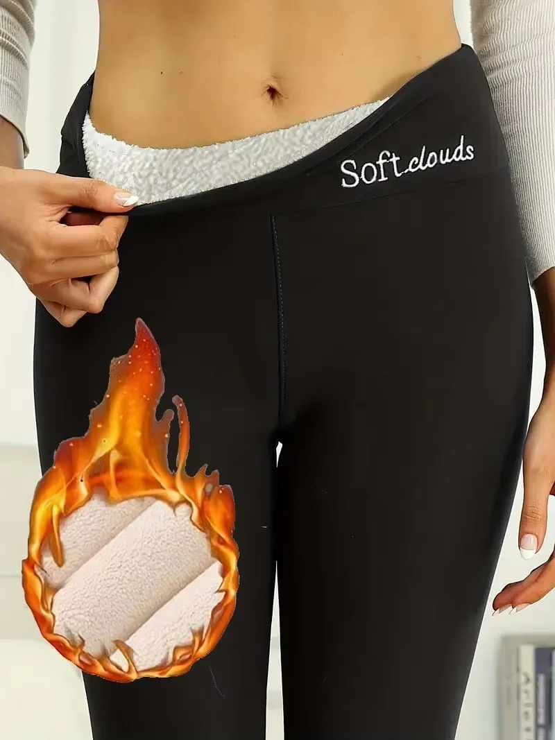 

Plush Lined Warm Leggings For Women-Solid Color High Waist Skinny Long Pants Perfect For Winter Sports, Fitness,