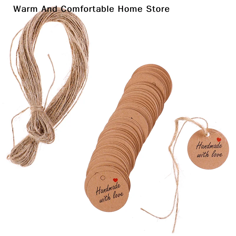 【SE】[F] 100Pcs Handmade with Love Labels Hang Tags Blank Kraft Paper with 20m String
