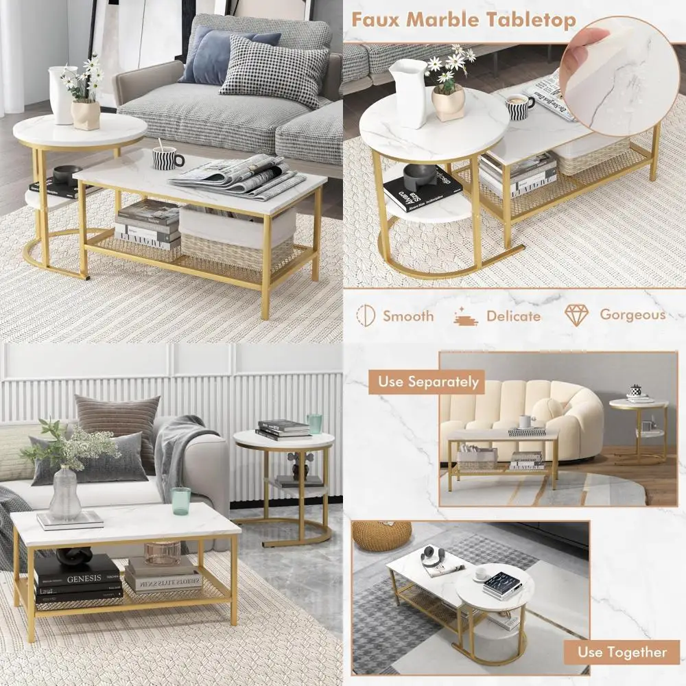 

White Marble-Printed Nesting Coffee Table Set, 2-Piece with Detachable Rectangular and Round Tables, Sturdy Golden Metal Frame