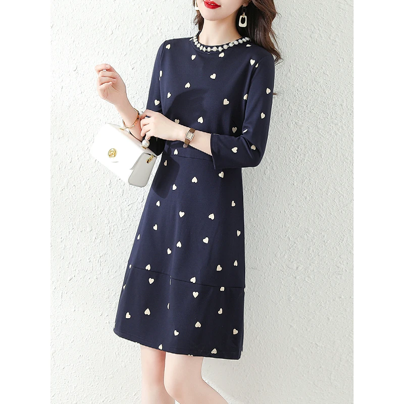 

French Elegant Heart Print Dress Women's Fashion O-Neck Long Sleeve High Waist Slim A-Line Dress Casual Office Lady Dress