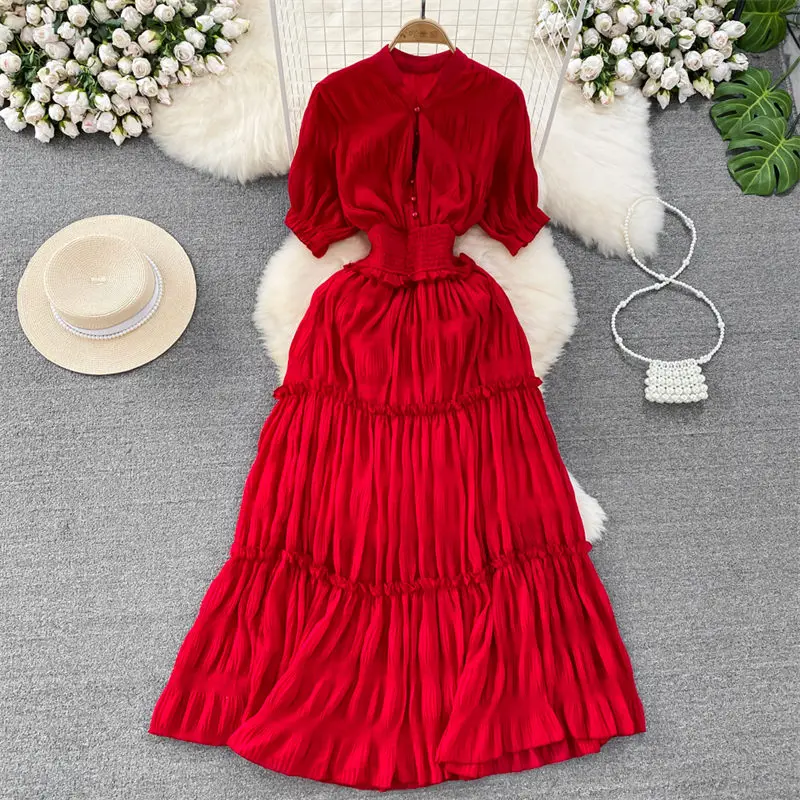 

Women's Wintage Maxi Dress Summer Solid Elegant V-Neck Short Sleeve Pleated Waistband Slim Chiffon Vacation Beach Dress Z1293