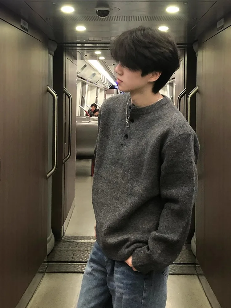 

Мужской вязаный свитер Deep ey с воротником хенли, свободного кроя, осенне-зимний, в американском ретро-стиле, для ношения под одеждой