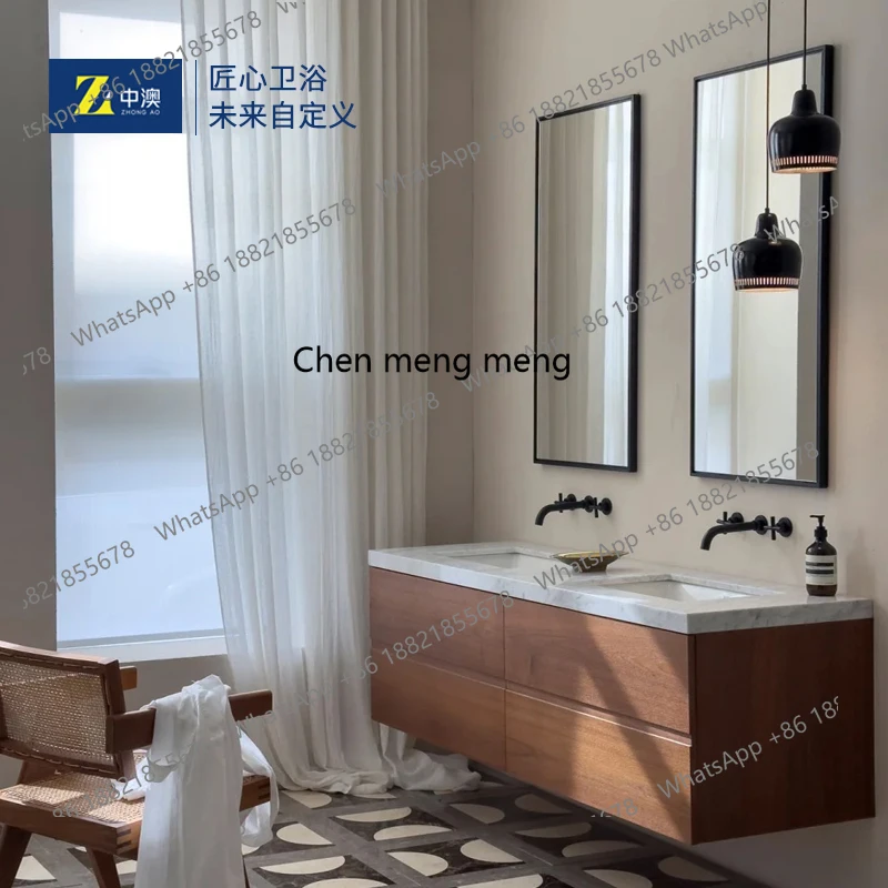 

High-end bathroom cabinet combination cherry wood retro marble under-counter basin washbasin cabinet