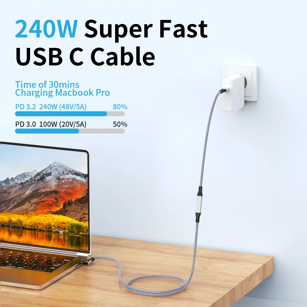 MacBook Pro Air,オーディオ,ビデオ用のUSB C延長ケーブル,4k @ 60hz,タイプC,オス-メスエクステンダー,20gbps,USBデータ,3m, 240w