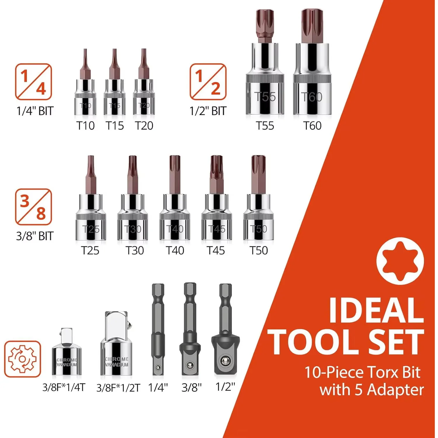15PCS TX Star Bit Socket Set multifunzione durevole S2 acciaio T10-T60 1/4 3/8 1/2 pollici con custodia per riparazione camion auto