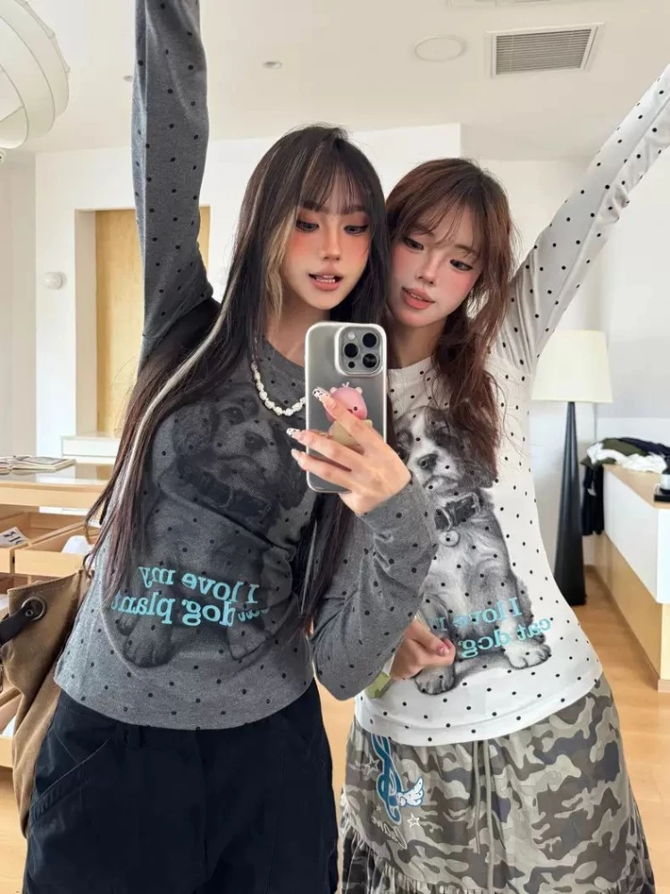 

HOUZHOU Y2k Vintage Polka Dot T-shirts Women Cartoon Dog Print Harajuku T-shirts American Retro Grunge Streetwear Aesthetic Tees