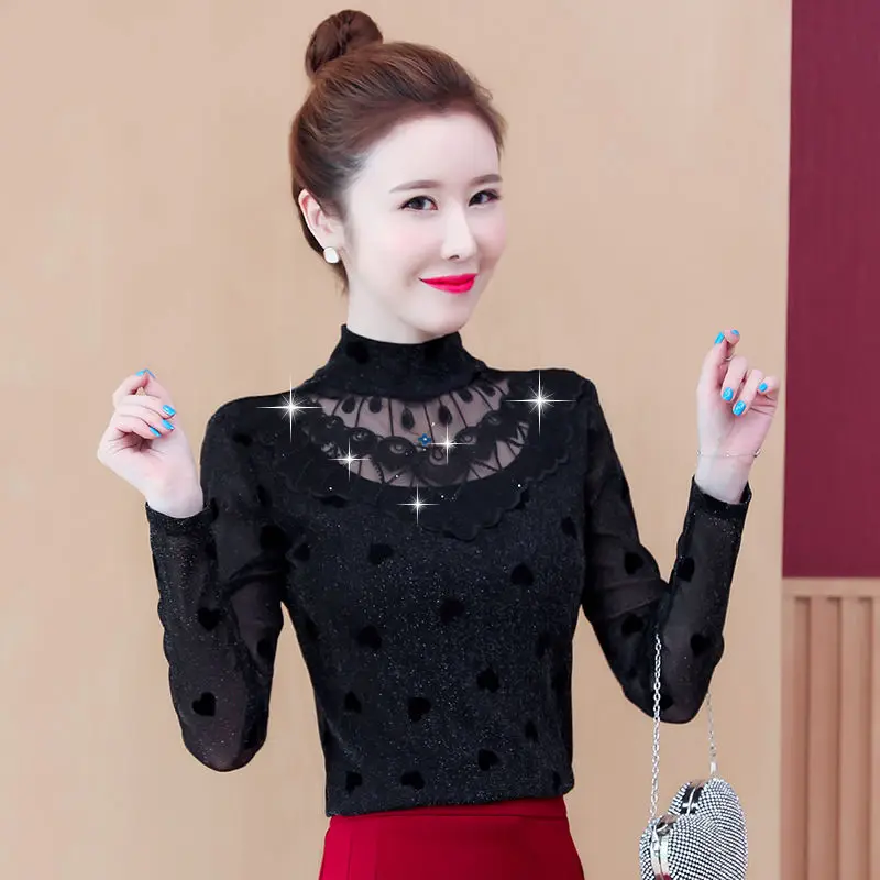 

Woman Lace Cutout Blouse Female Causal Top Vintage Shirts Long Sleeve Mesh Design Femme Ladies Dot Print s G624