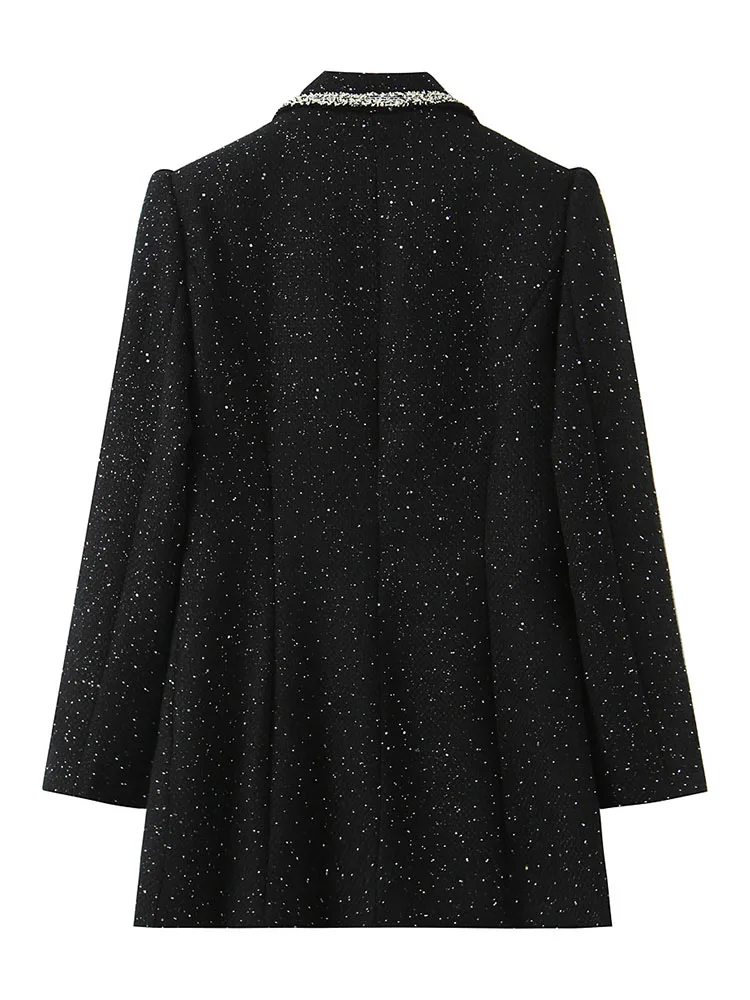 HH Women's Fashion Small Fragrance Sequined Patchwork Blazer Coat Female High Street Casual Double-Breasted Long-Sleeved Jacket