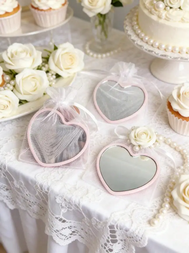 12 juegos que incluyen 12 espejos y 12 bolsas, espejo de maquillaje portátil en forma de corazón, lindo espejo de maquillaje pequeño, adecuado para cumpleaños
