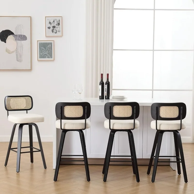 

Swivel Counter Height Bar Stools Set of 4, Upholstered Faux Leather Barstools with Rattan Back, 26" Seat Height Bar Chairs