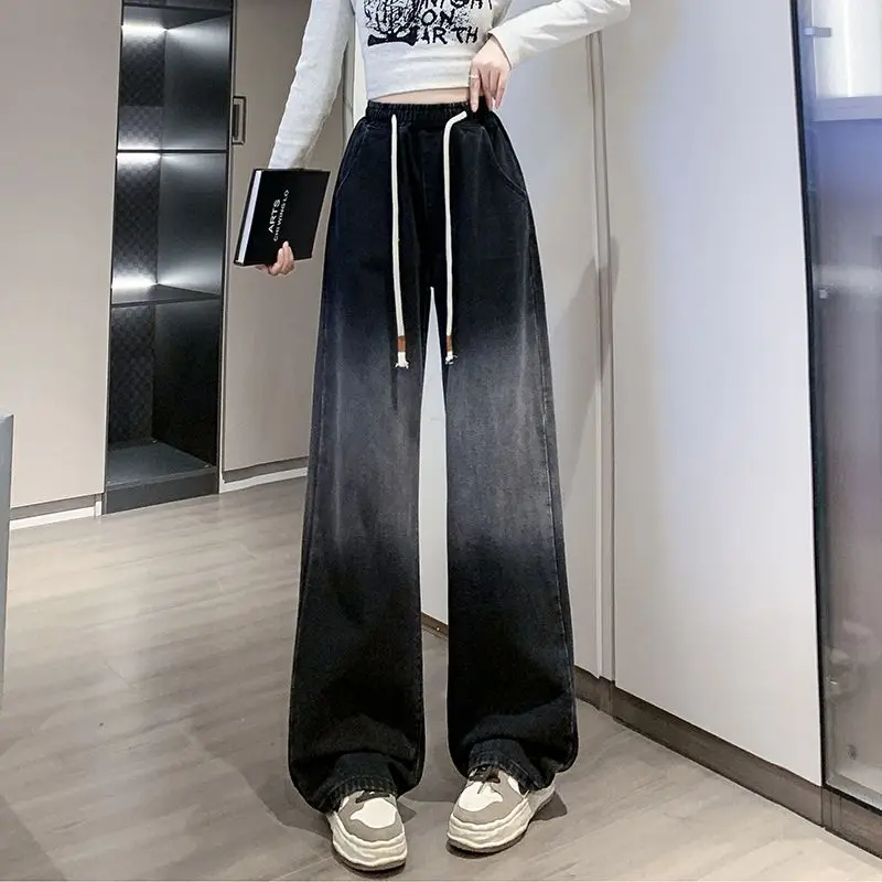 Large Size Black Denim Trousers Women Straight Wide Leg Loose High Waist Slim Fattening Women Gradient Soft