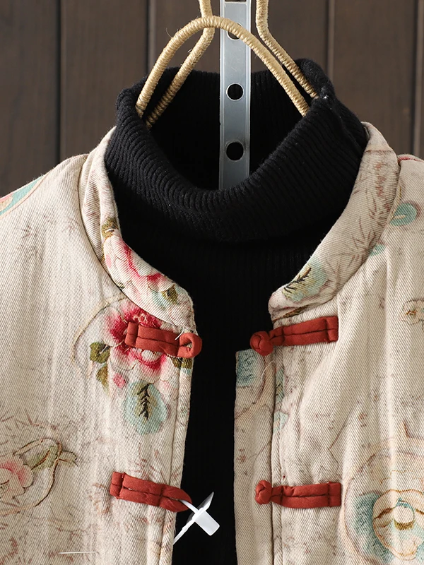 

New 2025 Autumn Winter Loose Casual Retro Print Button Cotton Jaet Chinese Sle Women's Commute Straight Tube Long Sve