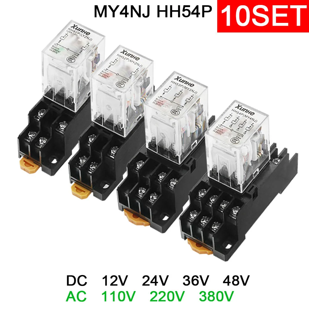 

10 комплектов электромагнитного реле MY4 HH54P MY4NJ 6 В 12 В 24 В 36 В 48 В 110 В 220 В 380 В MY4N-GS 4NO 4NC DIN-рейка 14 контактов + базовое мини-реле