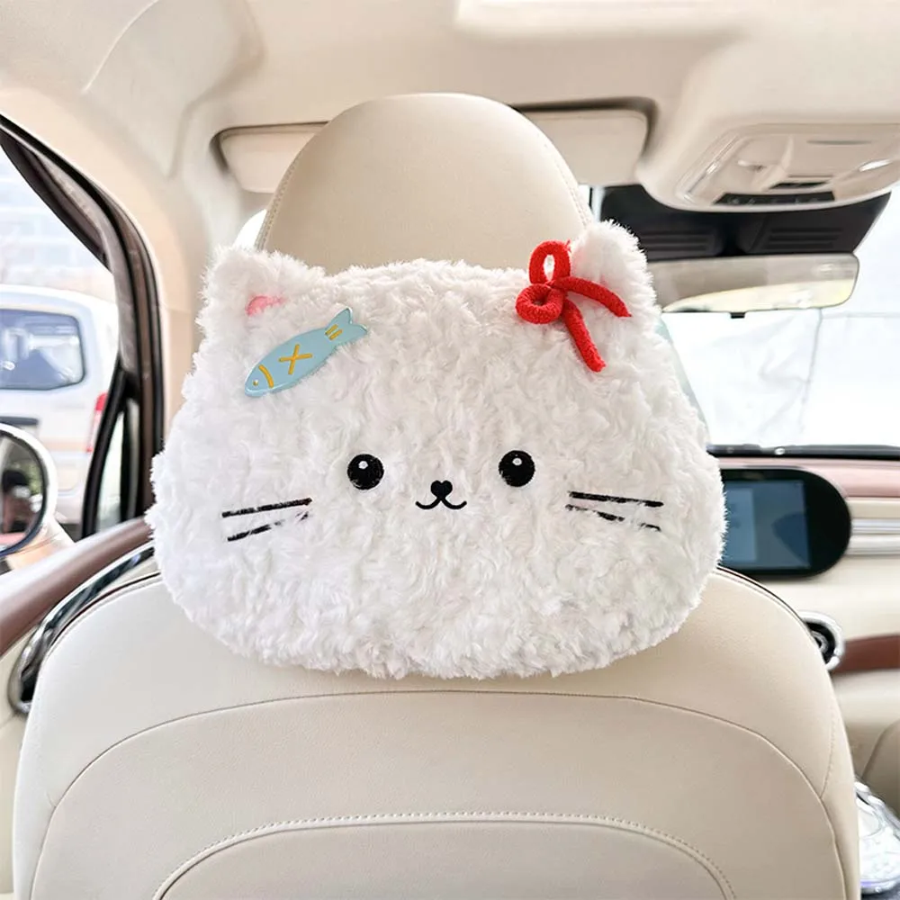 Cartoon Cat Car Headrest with Built-in Tissue Box Multifunctional Chair Back Neck Pillow Cute Vehicle Tissue Bag for Travel