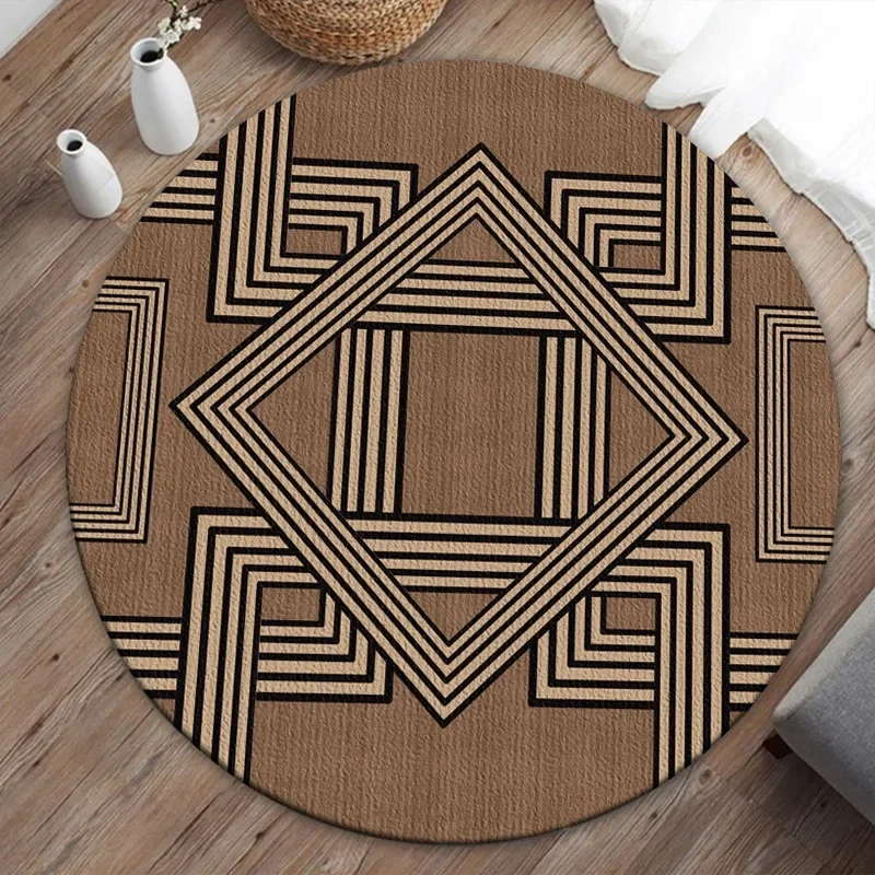 Modern Geometric Round Rug – Abstract Lines with Gold Accents, Symmetric Color Block Home Decor Mat
