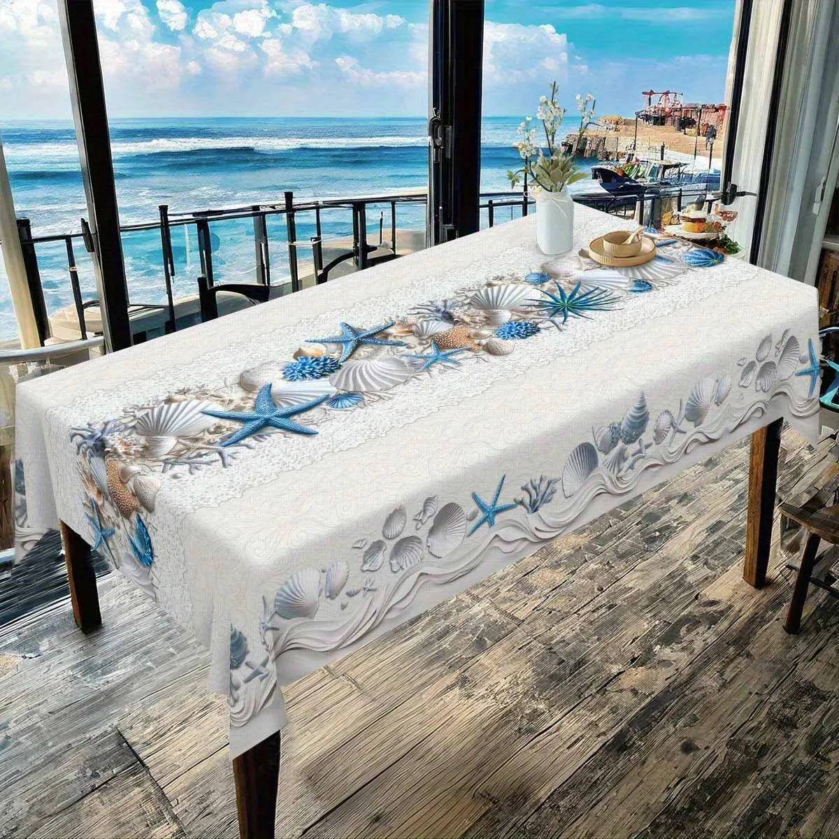 Tablecloth, 1pc, Ocean Theme Tablecloth, Chic Beach Decoration, Coastal Style Design, Featuring Starfish, Seashells, Conch Shell
