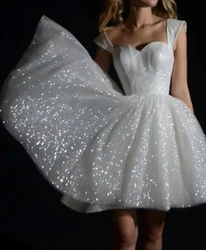 Sparkling A-Line Short Wedding Dress 2024 Sexy sleeveless V-neck tulle sequin bridal Party Dress Customized made by De Mariee